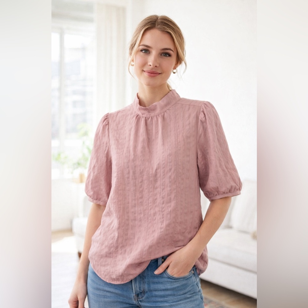 Ann Taylor Puff Sleeve Mock Neck Round Hem Blouse Women M Peach
